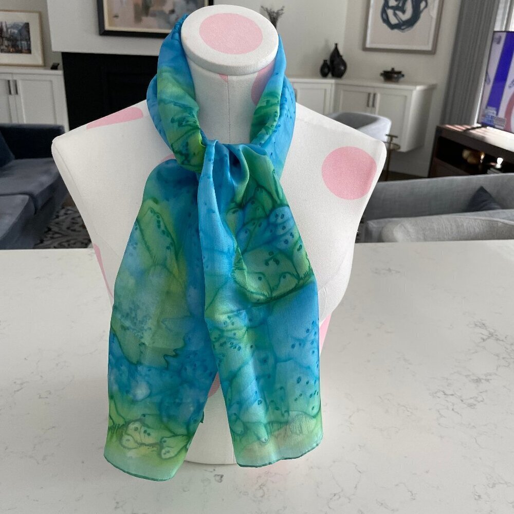 Luxurious Vintage Tie Dye 100% Silk Rectangle Scarf Vivid Blue Green Sz OS
